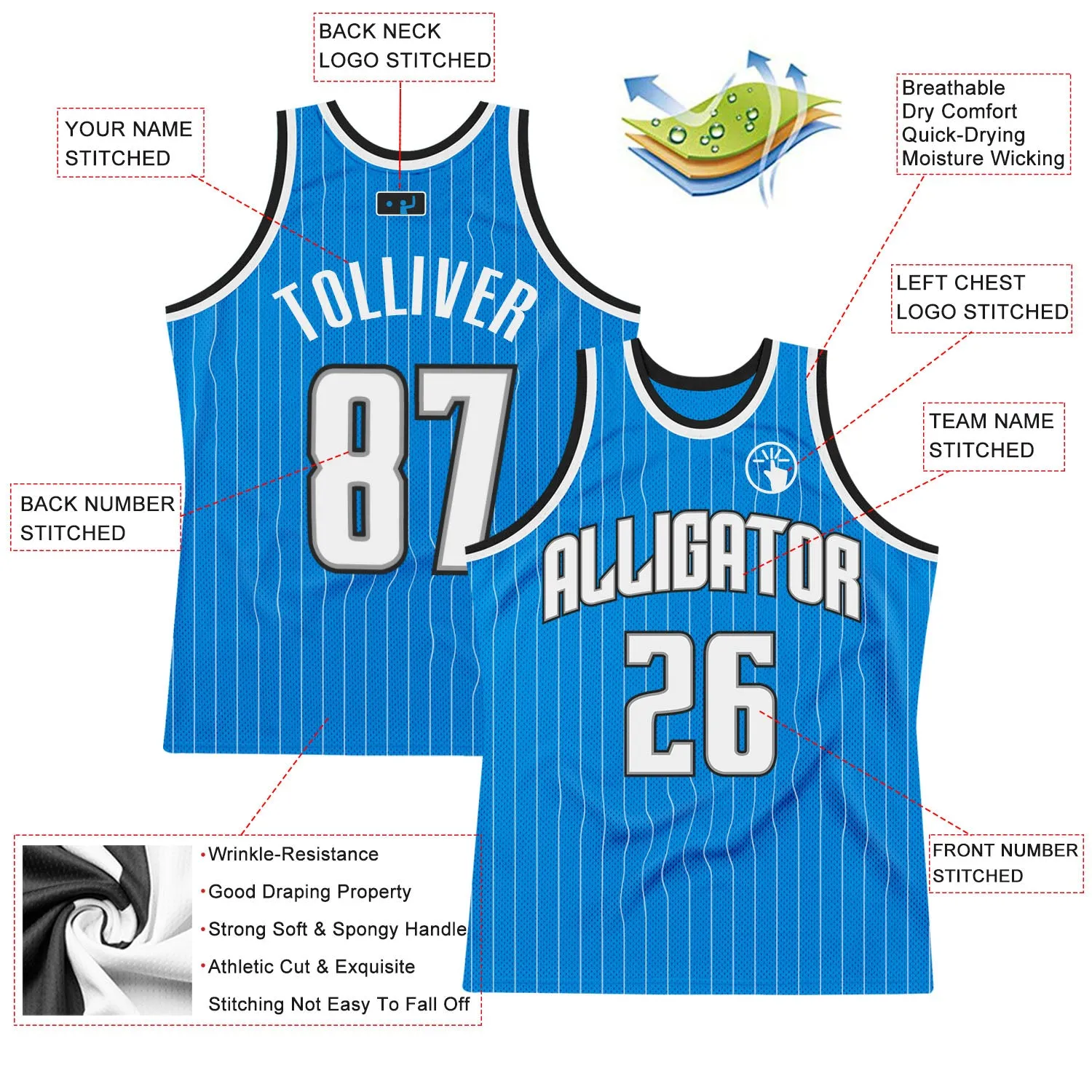 Custom Blue White Pinstripe White-Black Authentic Throwback Basketball Jersey
